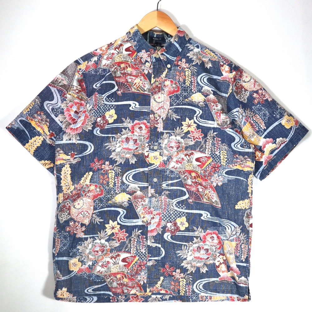 Reyn Spooner Shirt Men M Blue Floral Fan Japanese Print Classic Fit Aloha Casual